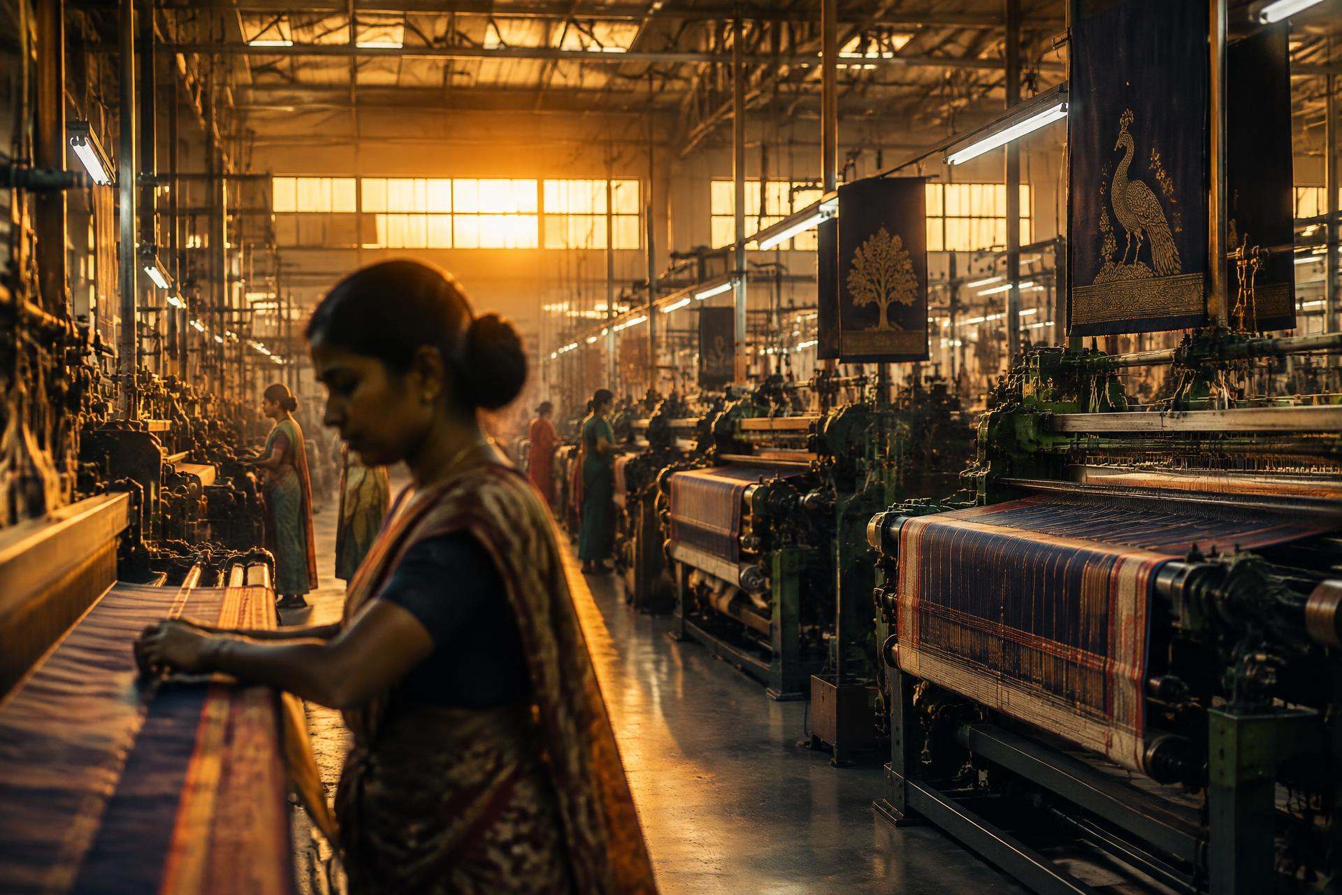 Textile workers operating looms inside an Indian mill