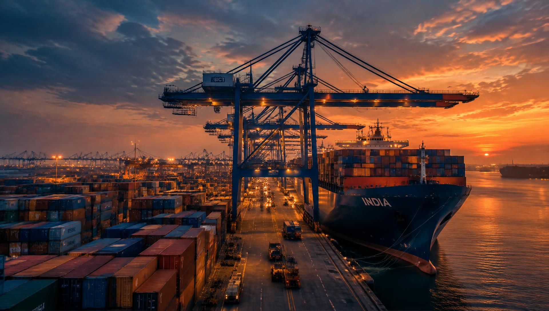 Container port with cargo ship at dusk